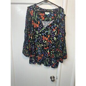 Maeve Anthropologie Floral Blouse Top Womens 2X Black Sheer‎ Long Sleeve Boho